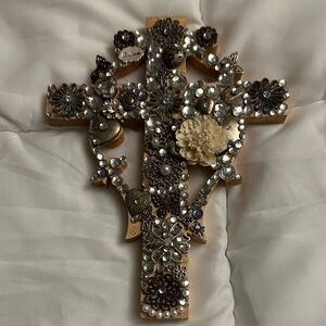 Handmade Embellished Wooden Cross Wall Decor with Rhinestones and Floral Accent